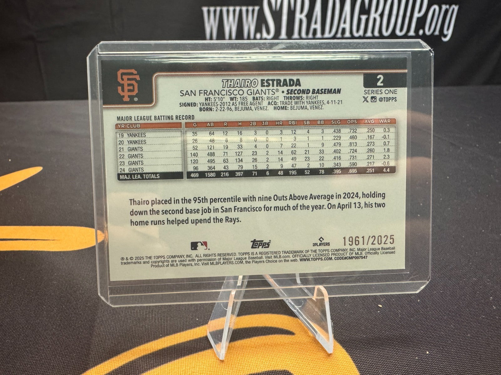 Thairo Estrada 2025 Topps Series 1 #2 Gold Parallel #/2025 SF Giants